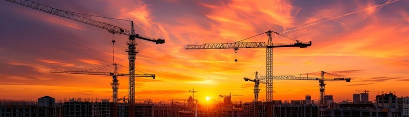 Majestic sunset over a bustling construction site, cranes towering above with silhouettes of steel frameworks against a fiery sky, urban development theme