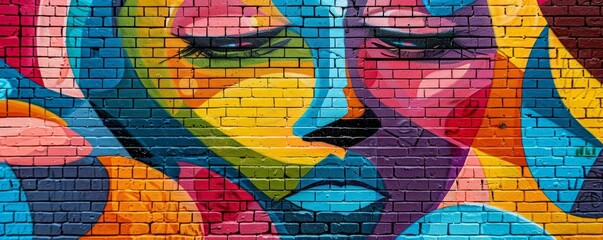 Vibrant urban street art mural on a brick wall, featuring colorful graffiti and bold designs, capturing the essence of city creativity