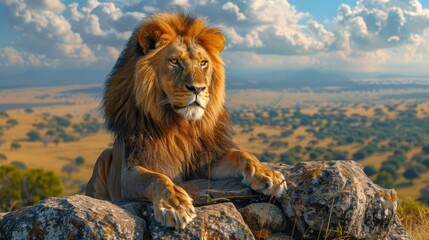 Wildlife safari adventure featuring a majestic lion resting on a rocky outcrop, with a panoramic view of the African plains
