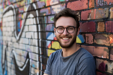 Smiling young man with glasses against graffiti wall