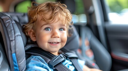Smiling child in car seat, ensuring safety and promoting child welfare with joyful little boy