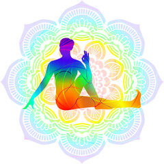 Colorful silhouette of woman practicing Vakrasana yoga pose. Seated Spinal Twist pose. Intermediate Difficulty. Isolated vector illustration