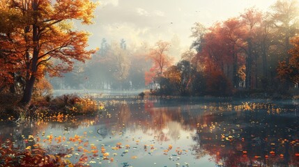 The serene atmosphere of an autumn landscape evokes a sense of tranquility and peace, perfect for moments of reflection.