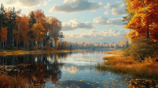 The serene atmosphere of an autumn landscape evokes a sense of tranquility and peace, perfect for moments of reflection.