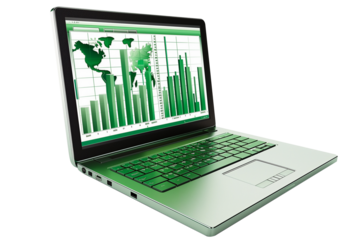 Laptop with financial stock charts on screen with transparent background