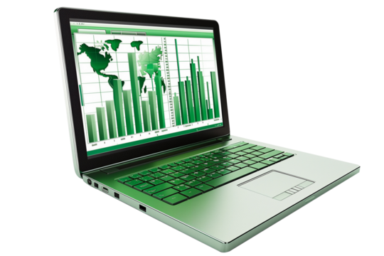 Laptop with financial stock charts on screen with transparent background