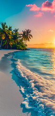 tropical beach view at sunset or sunrise with white sand, turquoise water and palm trees. Neural network generated image. Not based on any actual scene or pattern.