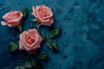 Pink roses cluster on blue background with water droplets on petals - Powered by Adobe
