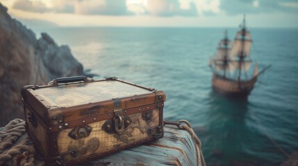 Antique treasure chest with world map, sailboat at sea.