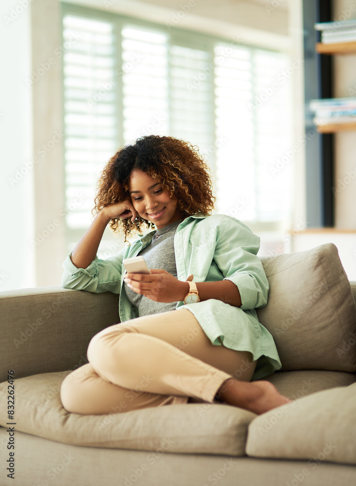 Poster phone, relax and woman on sofa in home networking on website, mobile app or internet for communicati