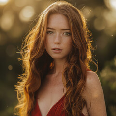 Portrait of a young woman with flowing auburn hair at sunset