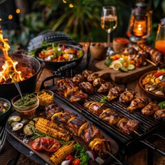 Obraz premium Delicious grilled meat and vegetables on a barbecue table with drinks, perfect for summer outdoor dining or festive gatherings.