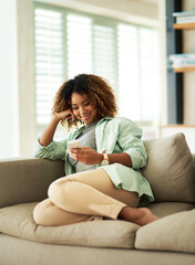 Phone, relax and woman on sofa in home networking on website, mobile app or internet for...