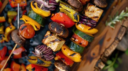 Colorful grilled vegetable skewers with mushrooms, peppers, and zucchini on a barbecue. Perfect for summer barbecues and healthy eating.