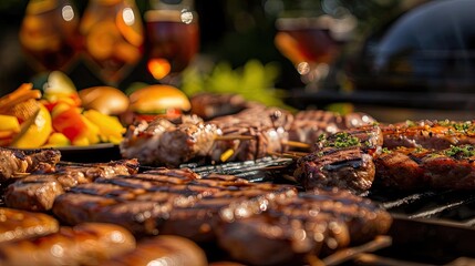 Close-up of assorted grilled meats and vegetables on a barbecue with drinks in the background,...