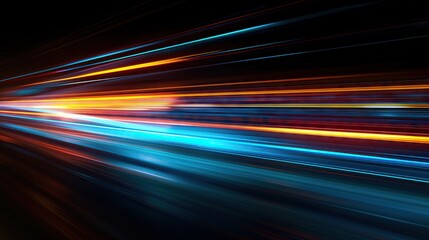 Abstract background with blue and orange light lines. Fast movement on a dark background high speed technology concept Digital data transfer design