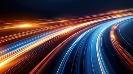 Abstract background with blue and orange light lines. Fast movement on a dark background high speed technology concept Digital data transfer design