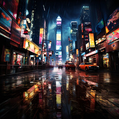 A vibrant city street at night, adorned with neon lights and bustling with cars,