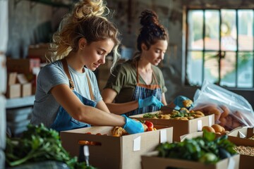dedication of women as they meticulously pack food into boxes for a delivery project at a food pantry, ensuring that every package carries nourishment and hope to those in need.