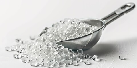 Crystals of sugar in a metal scoop on white background.