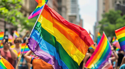 spectator waves a gay rainbow flag at an LGBT gay pride.
