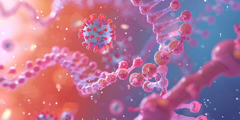 Fototapeta premium Genome Replication, virus core structures, 3D rendering image illustrating the process of DNA packaging into chromatin fibers, highlighting the role of histone proteins in regulating gene expression 