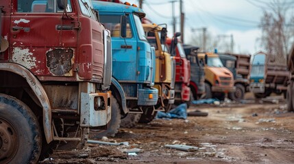 Fleet of Earthbound Giants: Trucks Aligned on Rugged Dust Path