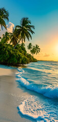 tropical beach view at sunset or sunrise with white sand, turquoise water and palm trees. Neural network generated image. Not based on any actual scene or pattern.