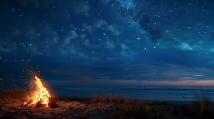 Golden Sands Aglow: Serenity and Warmth Captured in a Beach Bonfire Twilight