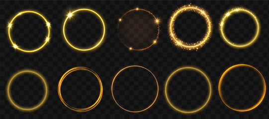 Gold circles frame with glitter light effect. A golden flash flies in a circle in a luminous ring.