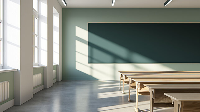 Bright modern classroom with neat setup of desks and a large clean green board, illuminated by sunlight
