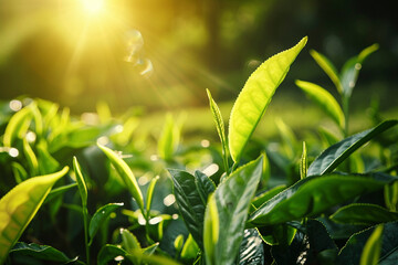 Fototapeta premium Fresh Green Leaves with Sunlight in Background