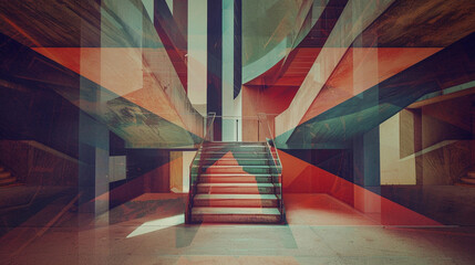 Artistic double exposure combining a bifurcated staircase with a contemporary art painting.