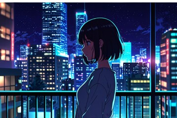 Fototapeta premium Anime style illustration, flat vector art, digital art, girl on terrace balcony night city lights in background, cyberpunk