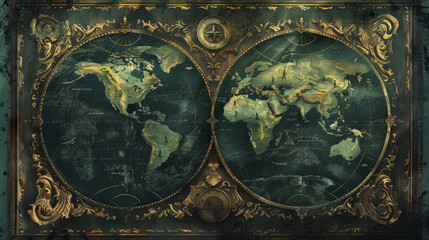 Fototapeta premium Antique world map with ornate gold detailing