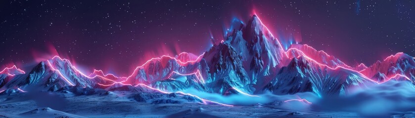 Surreal mountain peaks traced with glowing pink and blue neon, creating a mystical and otherworldly night scene