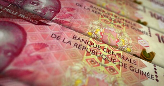 Guinea money Guinean francs banknote loop. GNF 10000 money texture. Concept of economy, business, crisis, banking, recession, debt and finance. Moving over note loopable seamless 3d.