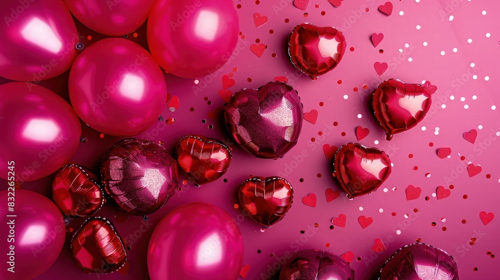 Poster fuchsia background with a mix of mini heart-shaped and round balloons in deep reds and pinks, sprink