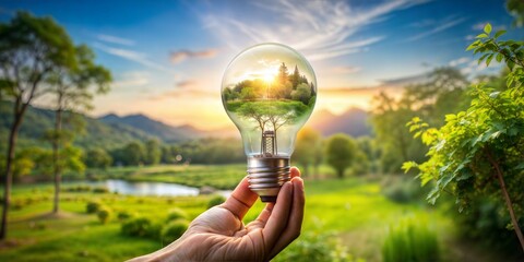 Hand holding light bulb against nature on green leaf, Organization sustainable development environmental and business responsible environmental, Ecology, Energy sources for renewable
