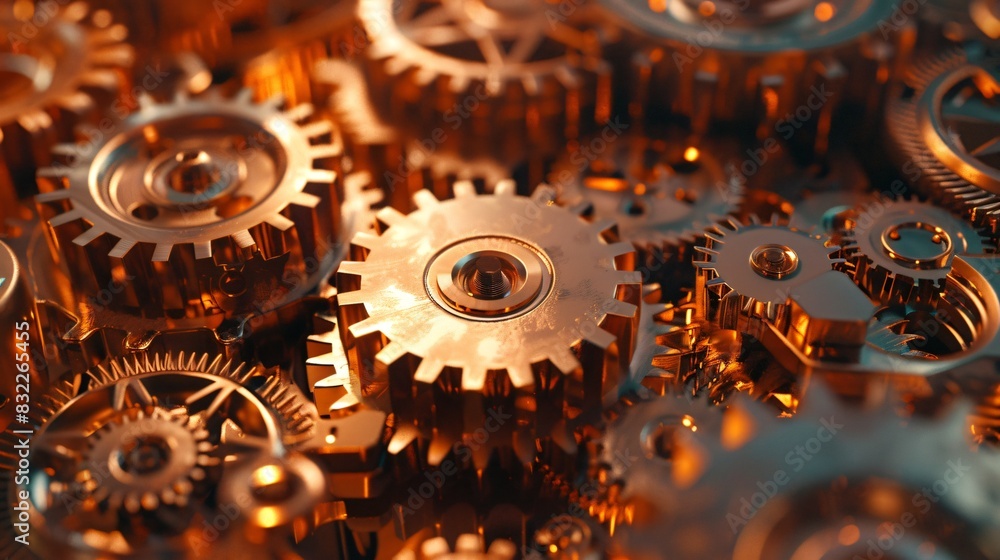 Aufkleber interlocked gears of various sizes symbolize teamwork and precision in a metallic system