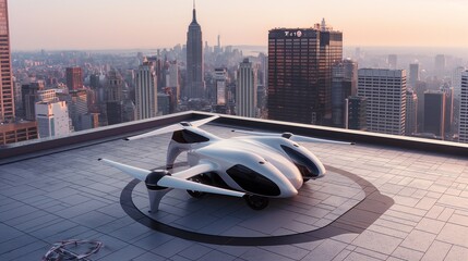 A personal transport drone, designed for single-passenger commuting, parked on a city rooftop helipad, showcasing futuristic design and compact size.