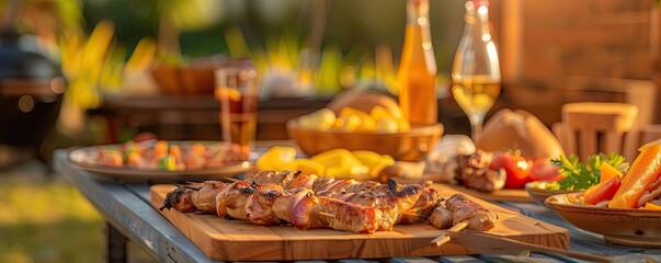 Outdoor BBQ feast with grilled meat, fresh vegetables, and drinks on a wooden table, set up for a summer evening gathering.