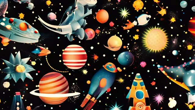 Colorful space scene with a dinosaur, planets, stars and a rocket on black background