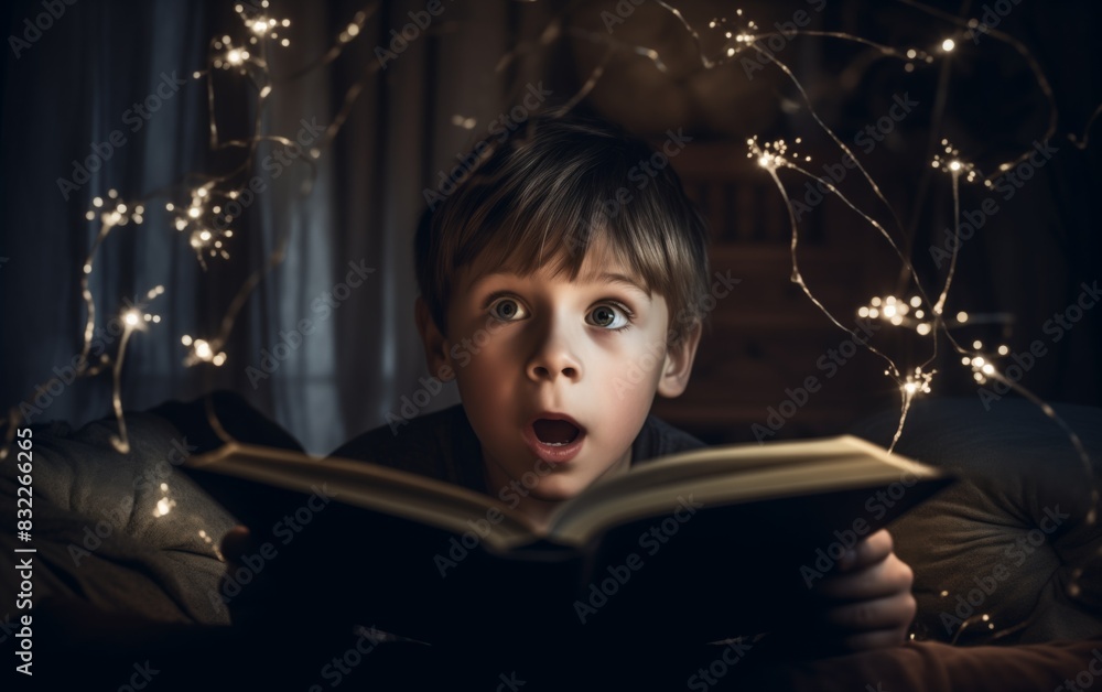 Wall mural the boy is very surprised, he looks into an open book, a fairy light comes from the book, fairy-tale characters fairies and unicorns and stars fly out 