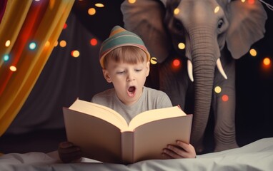 the boy is very surprised, he looks into an open book, a fairy light comes from the book, fairy-tale characters from the circus fly out 