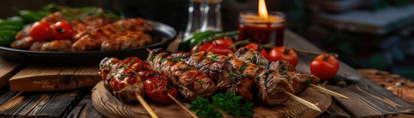 Delectable grilled meat skewers with vegetables on a wooden board, surrounded by fresh ingredients...