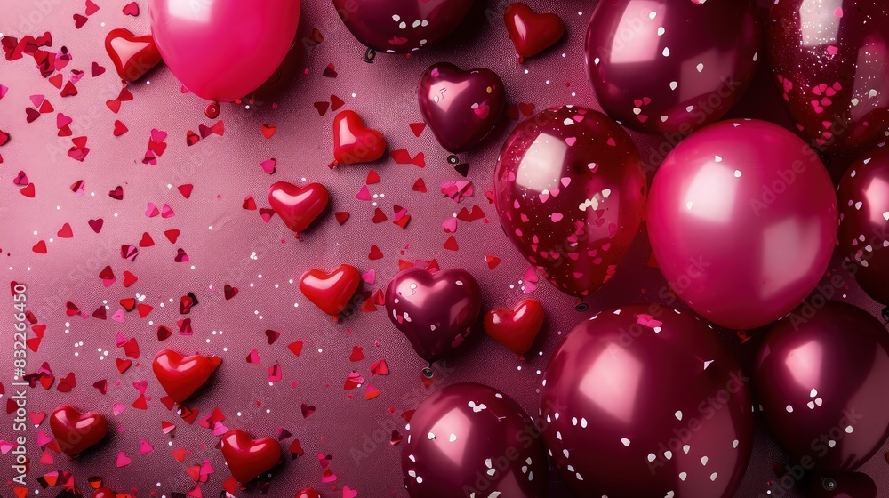 Poster fuchsia background with a mix of mini heart-shaped and round balloons in deep reds and pinks, sprink