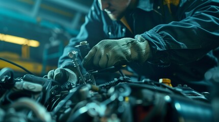 A mechanic merged with images of engine parts and tools, representing the expertise and technical knowledge required in automotive repair and maintenance