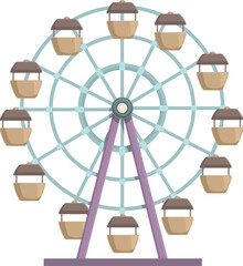 Flat design illustration of a ferris wheel with brown cabins on a white background