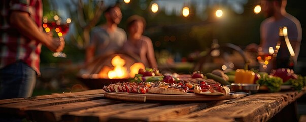 Outdoor evening gathering with pizza on a rustic wooden table under string lights. People enjoying relaxed ambiance with food and drinks.